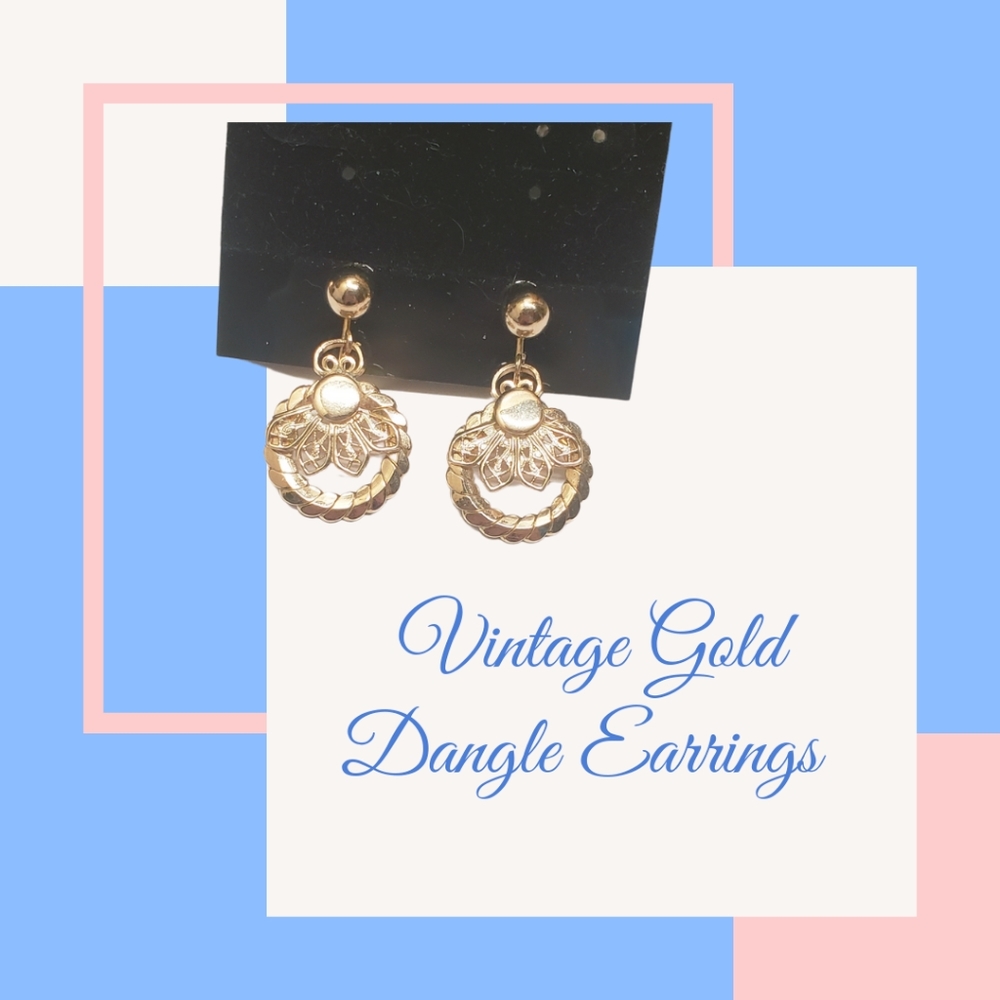 Vintage Gold Filigree & Chain Hoop Dangle Earrings Screw Back